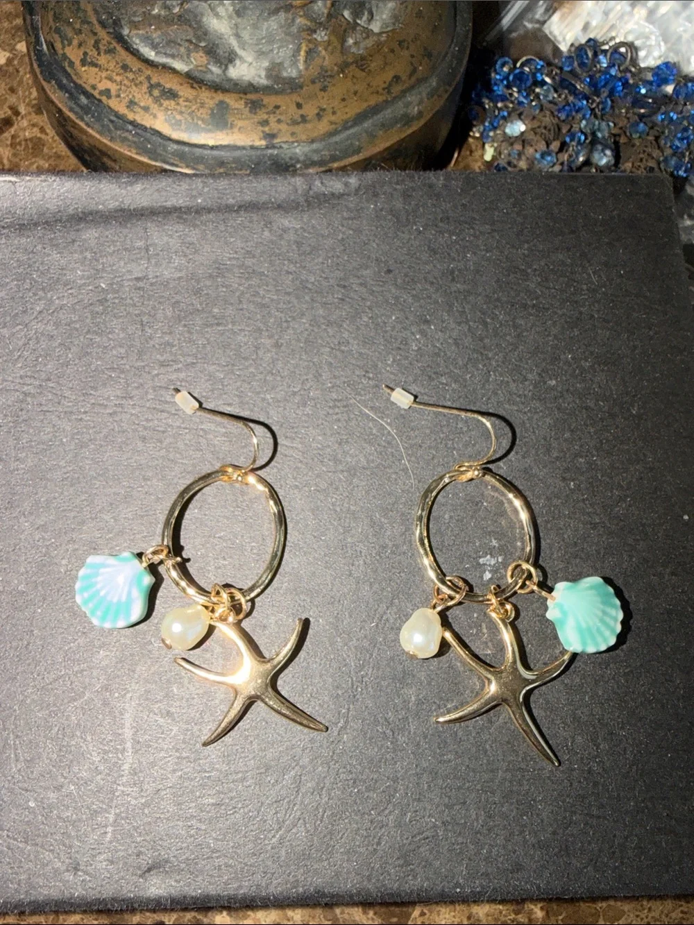 Gold Hoop Earrings with Aqua Shell Charms pearls starfish